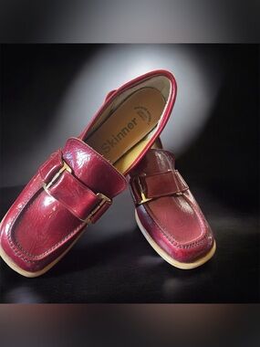 SKINNer   women’s Burgundy Patent Leather Slip-On Loafers with Gold Buckle